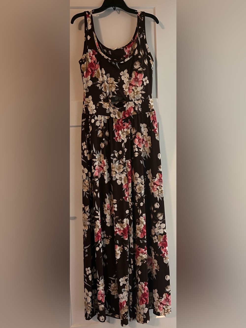 Brown Floral Sleeveless Jumpsuit with Pink and Cream Blooms